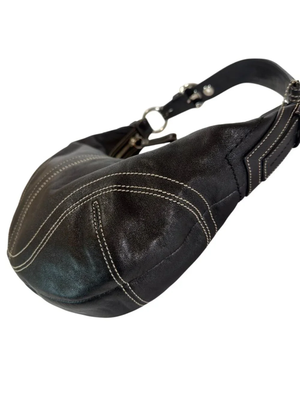 Coach Vintage Y2K Black Leather Soho Hobo Crescent Bag With White Contrast Stitc